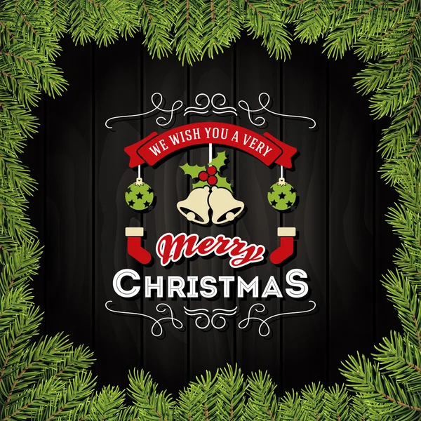 Merry Christmas With Ornaments On A Dark Wooden Board and Christmas Leaves Frame. Vector Illustration