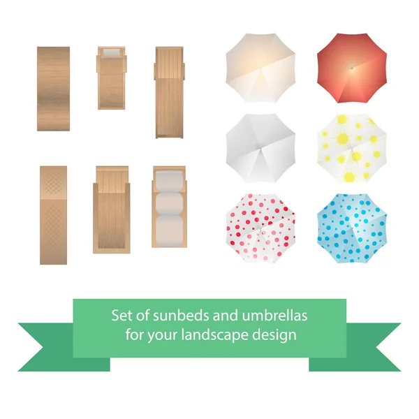 Set of vector sunbeds and umbrellas.