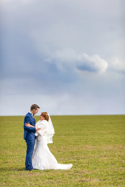 Bride and groom embrace on spring field