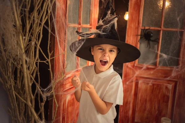 A boy in a magic hat tears spider web on a background of red doors open.