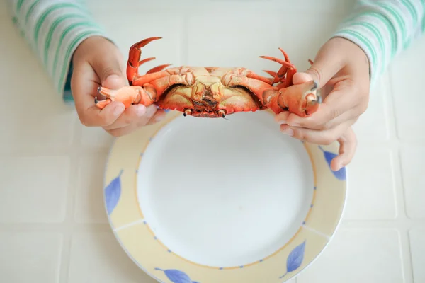 Top view picture of hands and red cooked crab on plate. Exotic vacation.