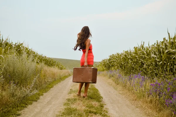 Picture of beautiful young lady on rural road holding suitcase in hand and walking on sunny day outdoors landscape background