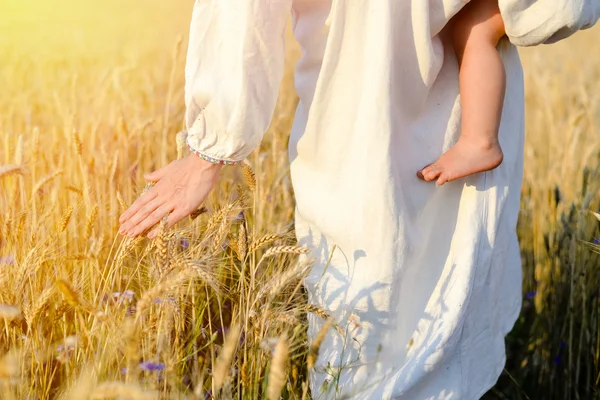 Picture of mother with child holding hand above wheat field on sunny day background outdoors