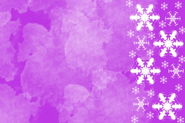 Bright violet background with white snowflakes border on right side