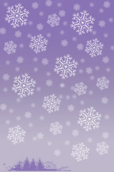 White snowflakes and little Christmas trees on blurred purple background