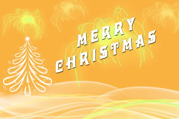 Merry Christmas greeting written beside Christmas tree with golden fireworks