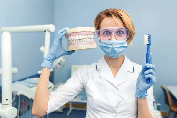 Humor. Dentist holding a human jaw and tooth brush in hand. Funny emotion