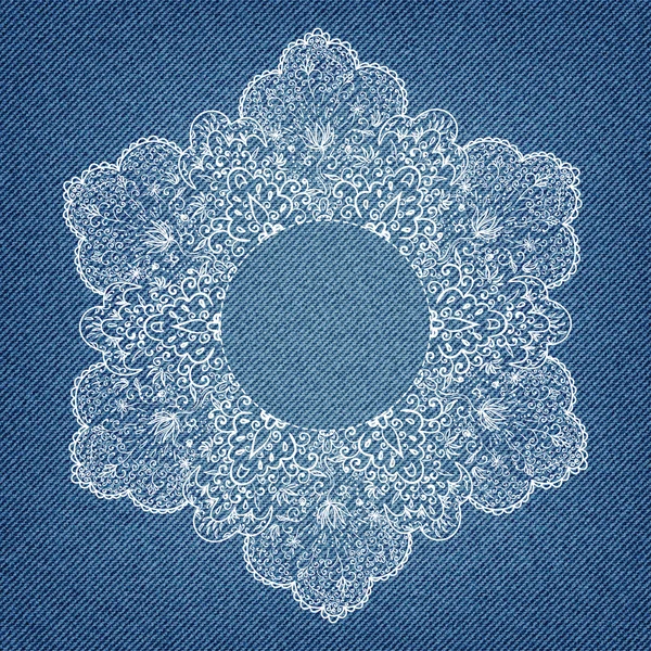 Greeting card on denim background with ornamental round lace pattern