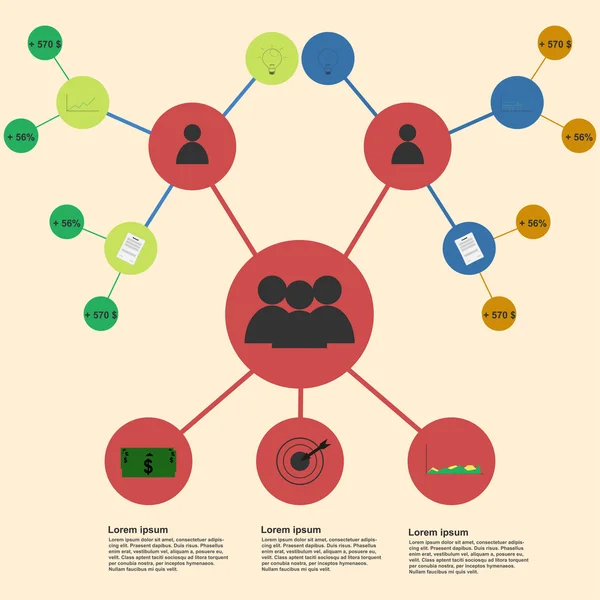 Business team infographic template. Business team infographics template. Connections infographic, rounded infographics, circles infographic representing business team, organization or sales people in flat style colors.