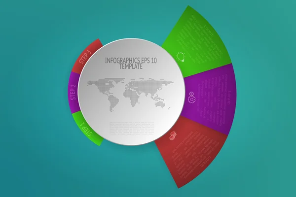 Three steps rounded infographics with 3D objects, outline icons and dotted world map. 3 steps circular infographic timeline with white circle in modern layout on green gradient background. Business diagram presentation.