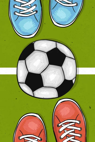 Football field with ball in the center between the two football clubs . The sports poster. Vector