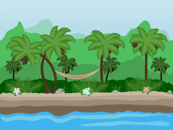 Vector Seamless cartoon nature landscape, unending tropical background with beach with palm trees, coconuts, exotic flowers and multiple levels mountains