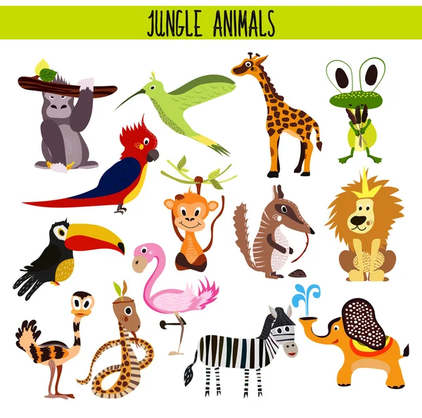 Cartoon Set of Cute Animals monkey, lion, Zebra, elephant, snake and bird  Toucan, Flamingo, humming bird tropical jungle and wet forests isolated on  white background. Vector - Stock Image - Everypixel
