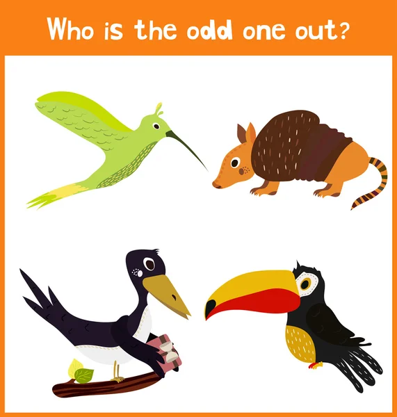 Children colorful educational cartoon game puzzle page for children\'s books and magazines on the theme extra find among wild animal lovely birds. Vector