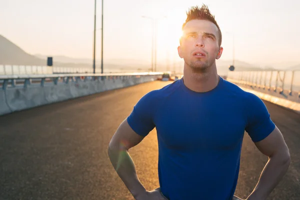 Half length portrait of muscular build handsome male posing for