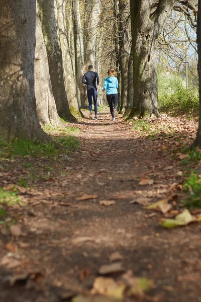 Young running couple jogging in autumn nature