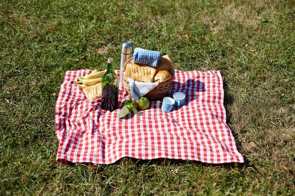 Picnic basket on green lawn