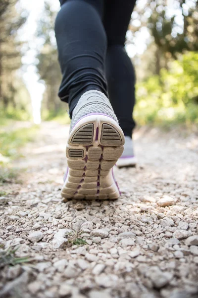 Sport shoes on trail walking in mountains, outdoors activity