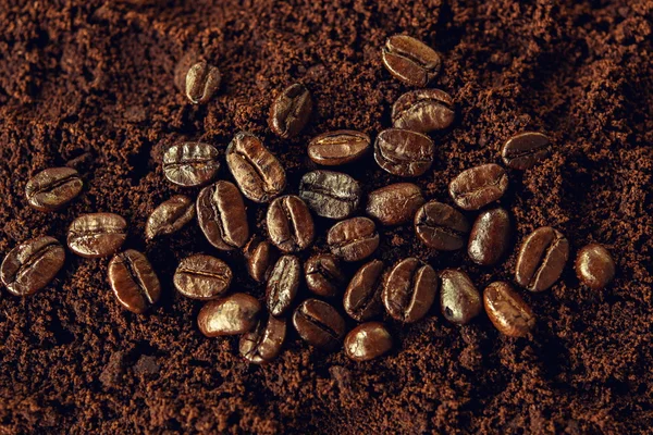Coffee beans on coffee grounds