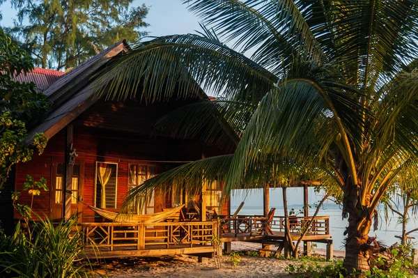 Bungalow at the beach with veranda and hammock surrounded by palm trees in sunset light