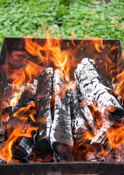 Wood burning in a barbeque grill. Closeup of firewood