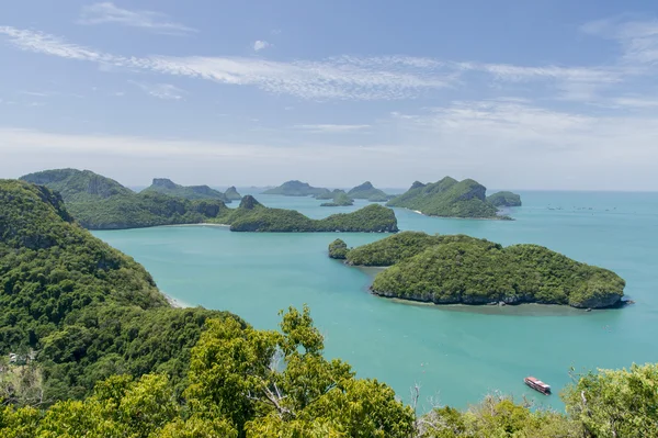 Angthong marine park near koh Samui, Thailand. Beautiful tropical island panoramic view with blue sky and water, exotic thai nature. Famous travel destination