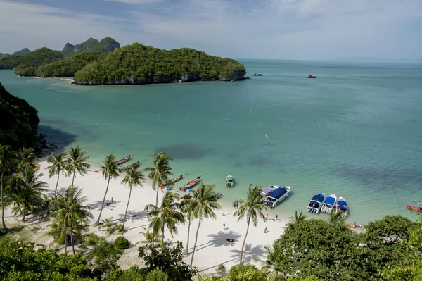 Angthong marine park near koh Samui, Thailand. Beautiful tropical island panoramic view with blue sky and water, exotic thai nature. Famous travel destination