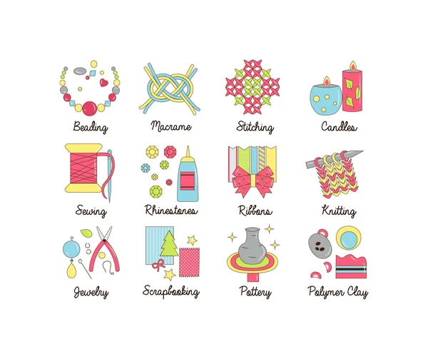 A collection of colorful modern cartoon outlined icons for various kinds of handmade, diy and craft activities. For web, presentations, stickers, etc.