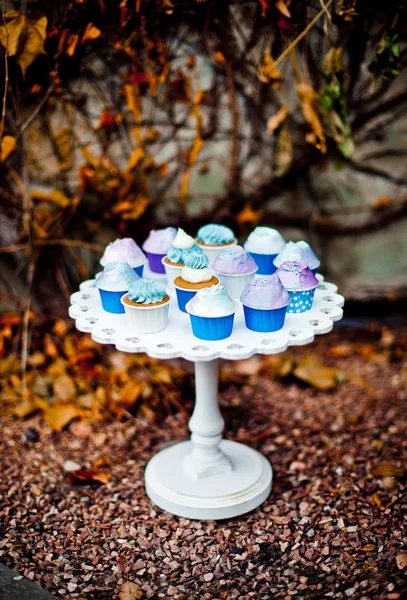 Mini cupcakes on a wooden white stand