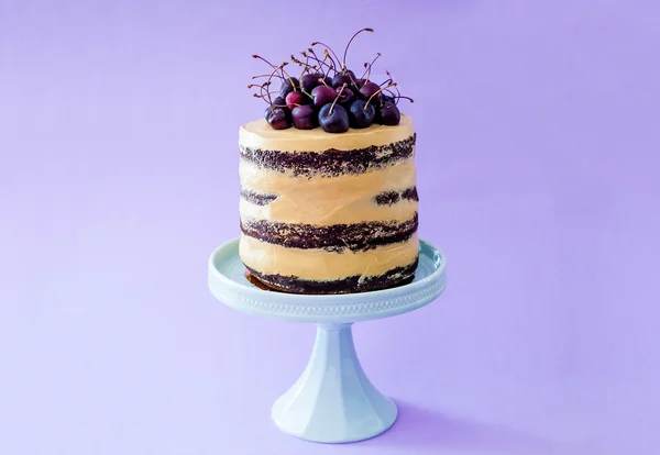 Chocolate caramel cake with sour cherries on a cake stand. Violet background