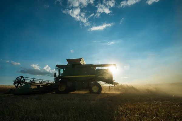 Modern combine harvester working on a wheat crop at sunset