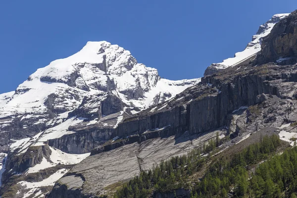 View of mountain rocks and ice-capped Swiss Alps near Oeschinensee (Oeschinen lake), on Bernese Oberland, Switzerland