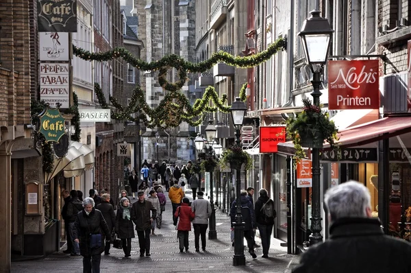 Old town of Aachen with unidentified people on streets shortly after New Year celebrations