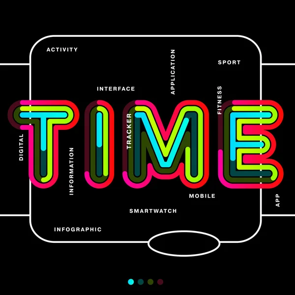 Word Time written in three different colors along with motivational words is on a black solid background. Best use for banner, templates, apps or as an advertisement sports. Vector illustration.