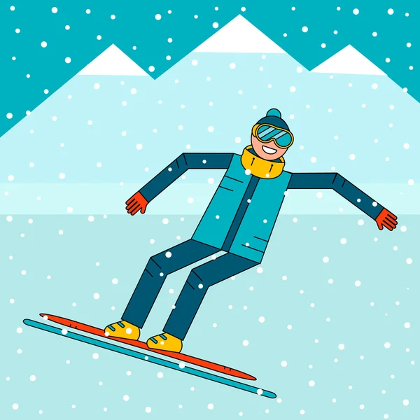 Happy boy snowboarder jumping on a snowboard. Snow mountain landscape. Extreme winter sports. Vector illustration.