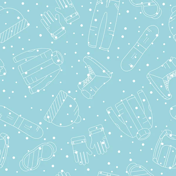 Seamless pattern with accessories for snowboarding. Extreme winter sports icons. Vector snowy background.