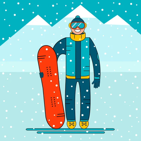 Happy boy snowboarder standing with a snowboard. Snow mountain landscape. Extreme winter sports. Vector illustration.