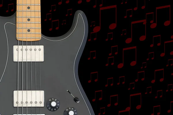 Electric guitar body with black background and notes.