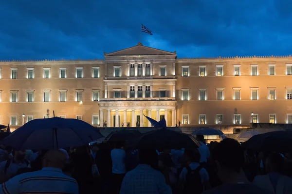 Athens, Greece, 30 June 2015, Greek people demonstrated against the government about the upcoming referendum. People in the demonstration are in favor of voting yes in the referendum.