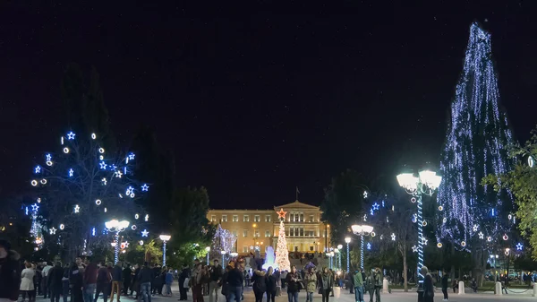 Athens, Greece 2 December 2015. Athens  by night against the stars in front of Parliament of Greece in Christmas time.