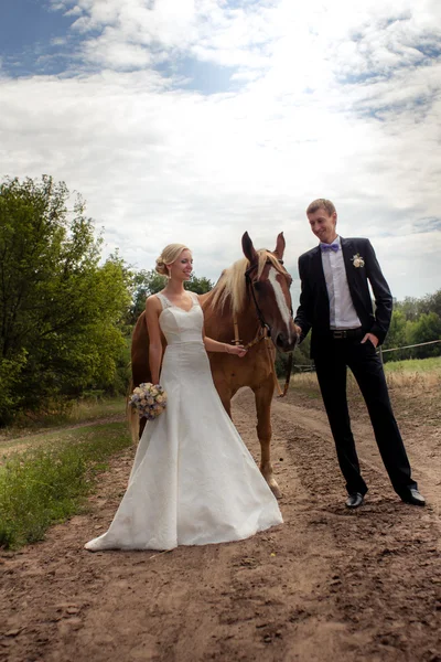 Wedding couple with horse