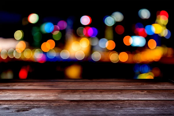Perspective Wood Table with City Bokeh Background