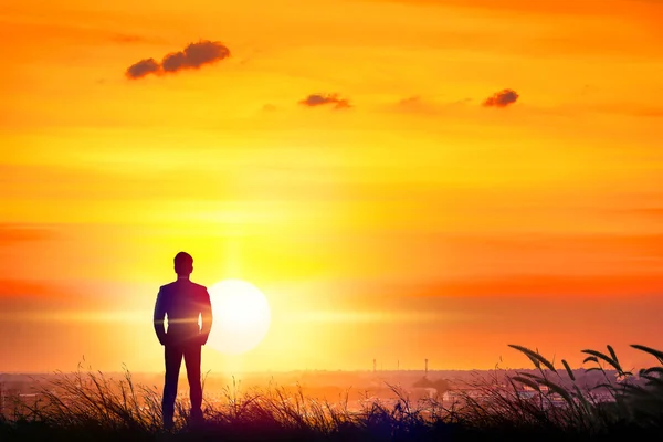 Silhouette of businessman standing on hill of sunset.
