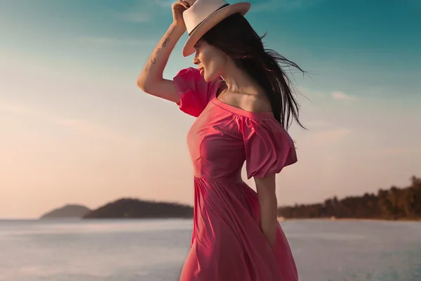 Outdoor summer style woman,straw hat,pink long dress,summer sale