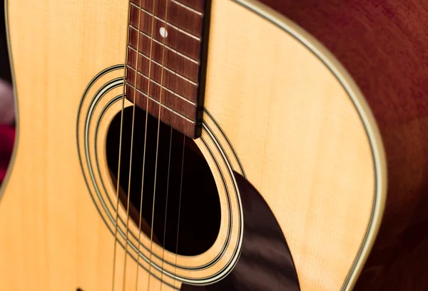 Yellow six-string acoustic guitar close-up