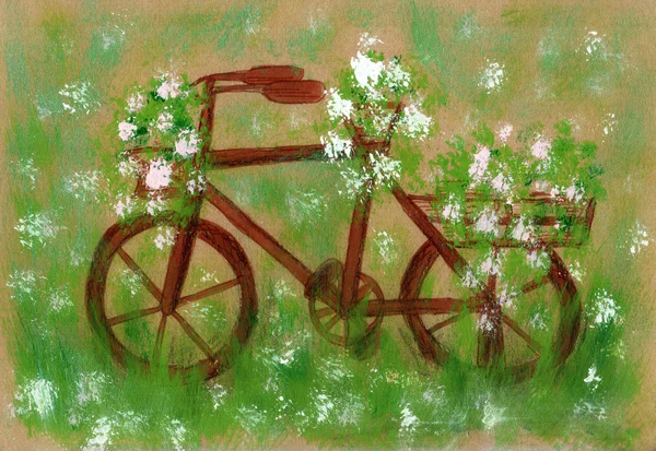 Hand drawing of an old bike. Rusty, overgrown with grass