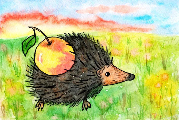 Picture hedgehog with apple. Bright children\'s drawing by hand