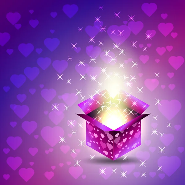 Gift box. Valentines Day. Heart, glow, stars