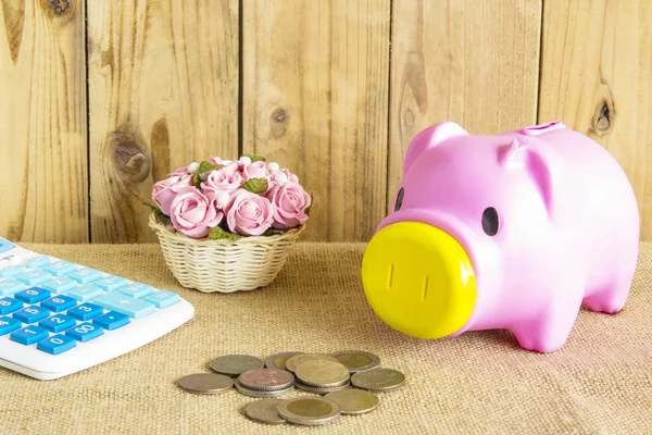Pink Pig piggy bank Calculator coins and flowers
