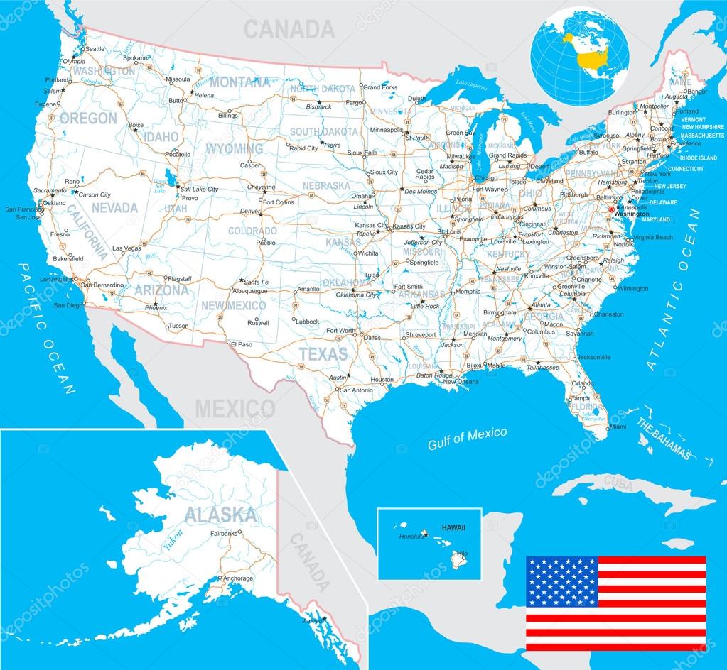 美国地图和国旗.非常详细的矢量图.图像包含下一层.
